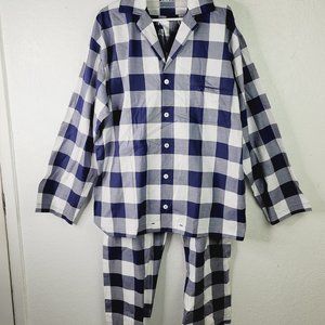 Hastens Navy Blue White Unisex Sz XL Check Long Sleeve Pajama Set Cotton Satin